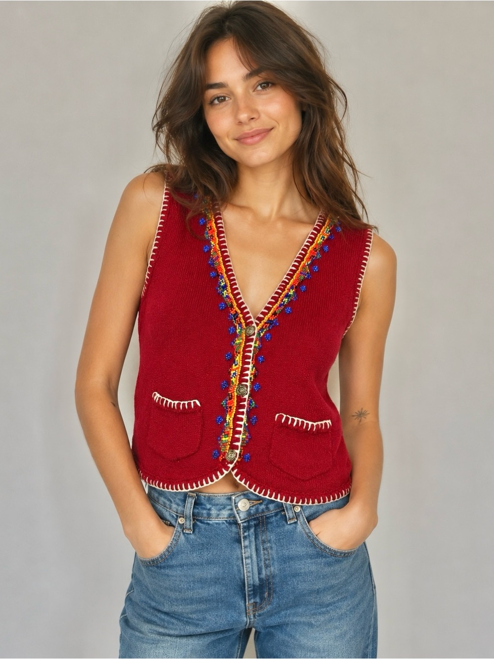 Vintage Red Knit Vest Beads Embroidered/golden Royal buttons Additions by I.V.Y